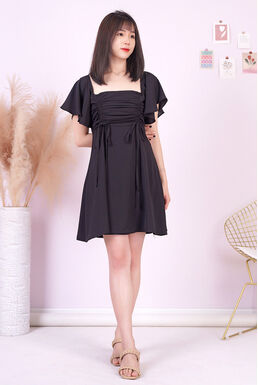 Fine Flare Sleeve Dual Drawstring Pleated Top Swing Dress (Black)